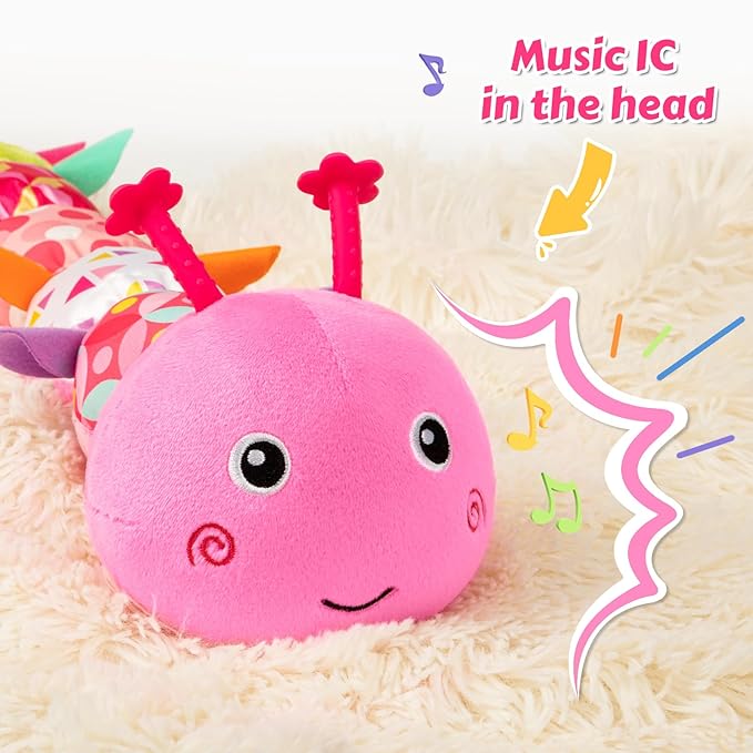 Baby Toys Musical Caterpillar, Infant Stuffed Animal for 0-6 6-12 Months with Crinkle and Rattles, Tummy Time Sensory Toys Newborn Boys Girls Gifts 0 3 6 9 12 Months - Pink