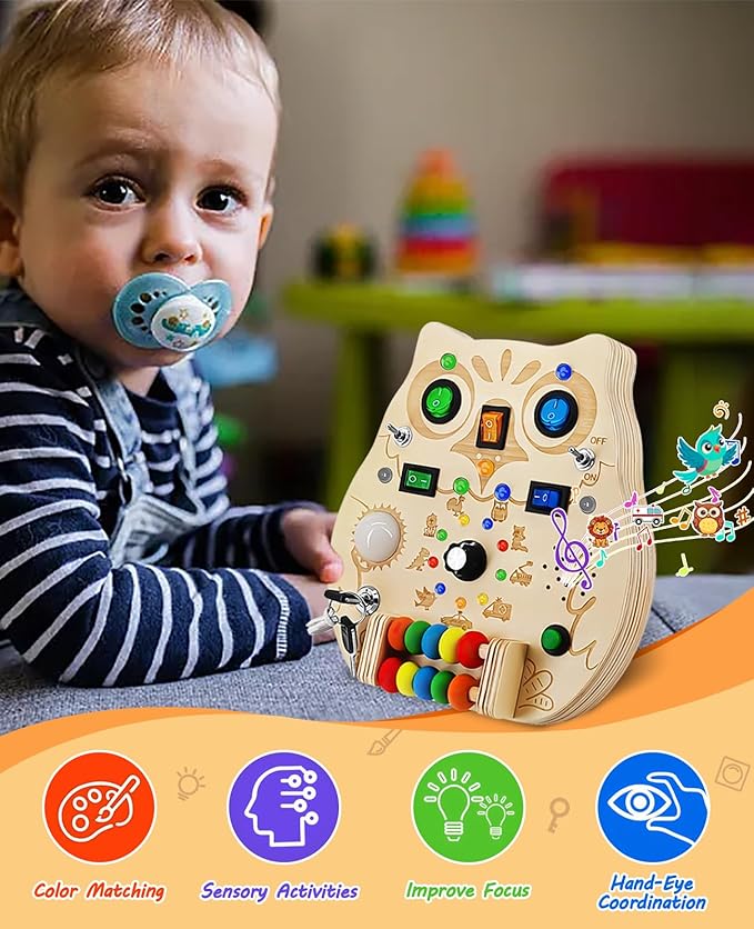 Busy Board Montessori Wooden Sensory Toy with LED Light Switches, Music, Toddler Light Switch Activity Travel Toys for 1 2 3 Year Old Boys Girls Toddler Toys Gifts