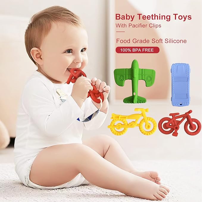 Teething Toys for Babies 6-12 Months 12-18 Months, Baby Teething Toys, Baby Chew Toys, BPA Free Teething Toys, Baby Teether, Transportation Tools Shape Teethers, Baby Toys for Boys Girls (6 Pack)
