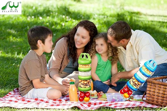 SELEWARE Portable Stackable Food Storage Containers for Snacks Formula Powder and Drinks Twist Lock System Airtight Leak-proof BPA and Phthalate Free 4 Piece Jars 31oz Green