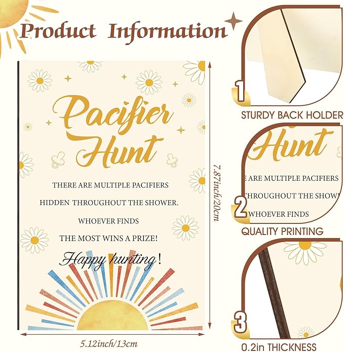 Thyle 51 Pcs Pacifier Hunt Baby Shower Games Include Hunt Sign and 50 Acrylic Pacifiers for Baby Shower Game Decoration Gift Sets Gender Reveal Party Decor (Retro Sun)