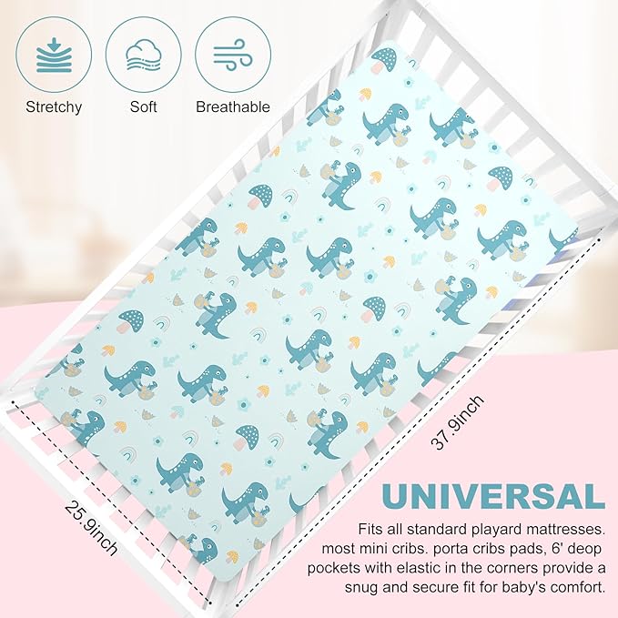 Pack n Play Flat Sheet 2 Piece Mini Crib Sheet Elastic Playard Sheet Set Portable Sheet Set Elastic Convertible Playmat Compatible Graco Pack n Play (Owl and Tree Bag) (More Dinosaurs)