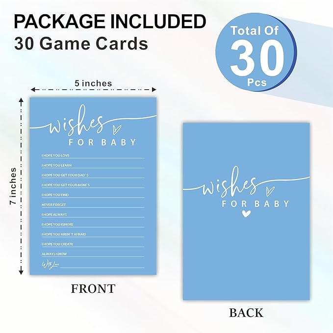 Wishes For Baby - Baby Shower Game Cards - Minimalism Blue - 30 Double-Sided Fill In Style Game Cards For Gender Reveal, Baby Announcement, Party Games & Activity - C09