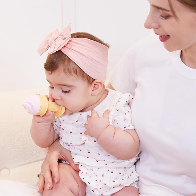 Smily Mia Ice Cream Cone Baby Teething Toys, Water-Filled Freezable Teether for Babies&Infants, Teething Relief for 0-18 Months, Not-Too-Cold-to-Hold Freezer Teether for 3-6 6-12Months, Peach Pink