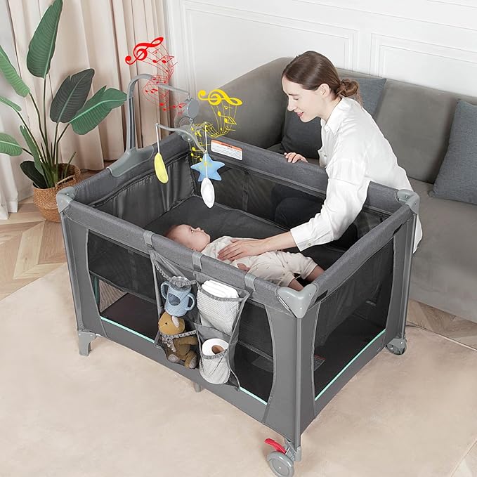 Pack and Play with Changing Table & Carry Bag, 4-in-1 Portable Crib Playpen for Newborn to Toddler, ASTM Certified Foldable Travel Crib with Bassinet(C-Cartoon)