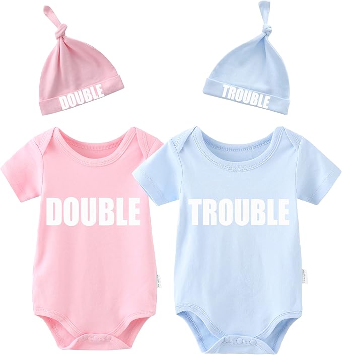 YSCULBUTOL Baby Twins Bodysuits Funny Double Trouble Cute Girl Romper Twin Jumpsuits Hat Set