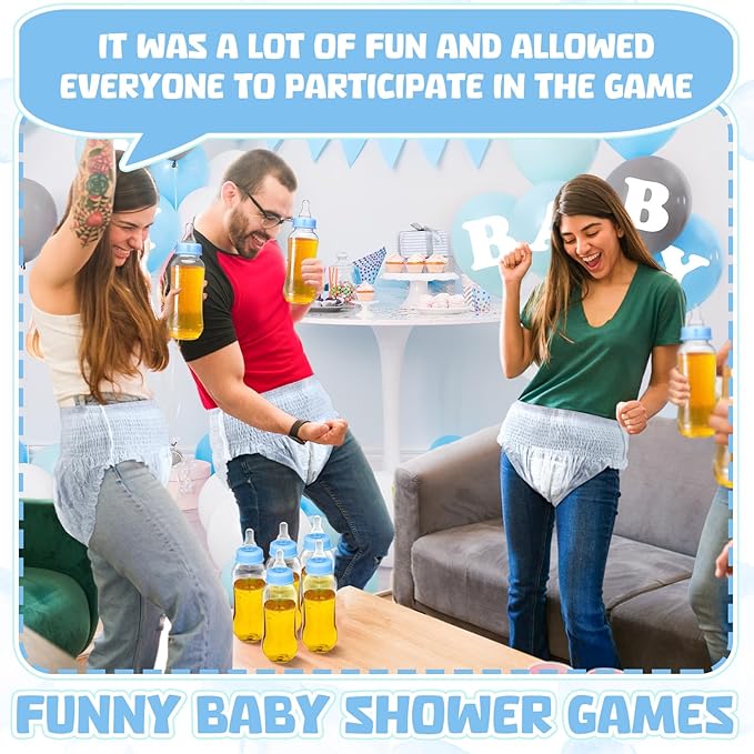 Hushee 6 Sets Funny Plastic Bottle Chug Baby Shower Games Diaper Baby Shower Game Gender Reveal Race Gifts Decoration for Adults Boys Girls (Blue)