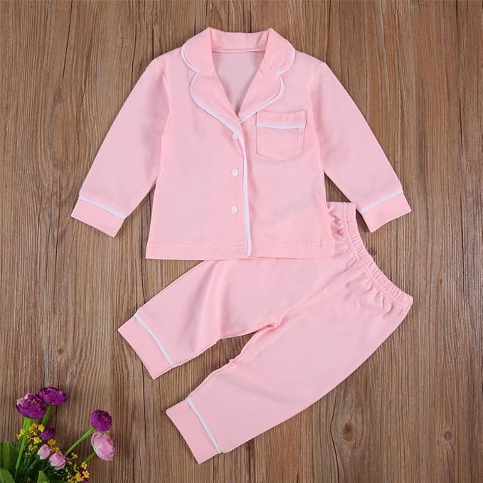 Toddler Kids Baby Girl Solid Pjs Ruffle Long Sleeve Button Shirt Top and Pants Cotton 2Piece Pajamas Set