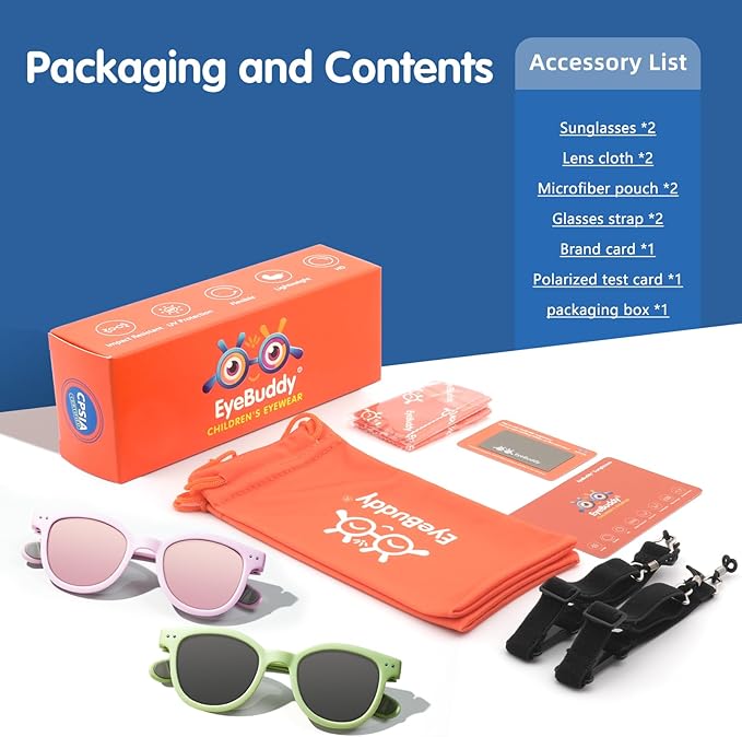 EYEBUDDY Kids Sunglasses for Boys Girls Age 2-8 Polarized UV Protection Toddler Children Sun Glasses Pack of 2