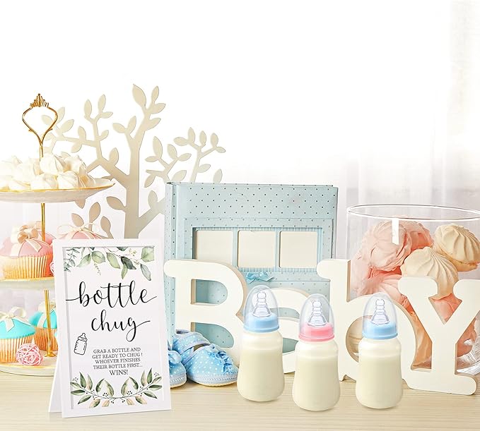 Roowest Bottle Chug Baby Shower Game Favors Including Eucalyptus Theme Wooden Sign and 18 Pcs Baby Bottles for Gender Reveal Party Supplies