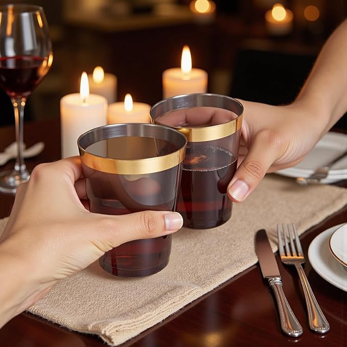 supernal 200 Pcs Gold and Black Plastic Cups,10Oz Gold Rimmed Disposable Cup,Heavy-Dut yPlastic Cocktail Cup for Party,Disposable party Wedding Cups,Perfect for Holiday,Birthday Party