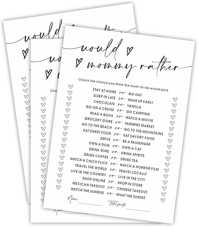 Baby Shower Game Kit - Would Mommy Rather - 30 Double-Sided Fill in Game Cards for Baby Shower, Gender Reveal Party Favor, Activity & Supplies - A13