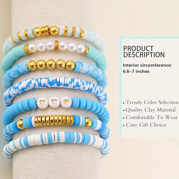 Friendship Bracelets Trendy Heishi Clay Bead Bracelets Stack Gold Beaded Stretch Bracelets for Women Boho Stackable Bracelets Bulk Cute Preppy Jewelry
