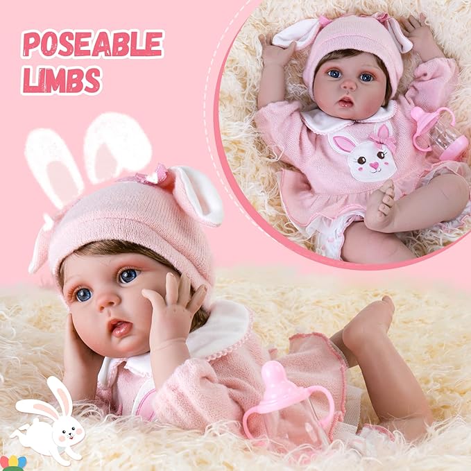 Aori Lifelike Reborn Baby Dolls - 22 Inch Realistic Newborn Baby Girl - Soft Vinyl Reborn Toddler with Feeding Set & Bunny Outfit Real Life Baby Doll for Kids 3+, Toddlers & Collectors