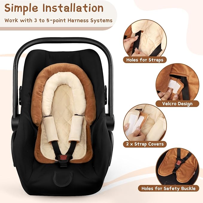 Baby Car Seat Head Body Support & Strap Covers, 2 in 1 Infant Car Seat Insert, Reversible Soft Breathable Newborn Cushion Pads for Preemie, Perfect for Baby Carseats, Strollers, Swings (Brown)
