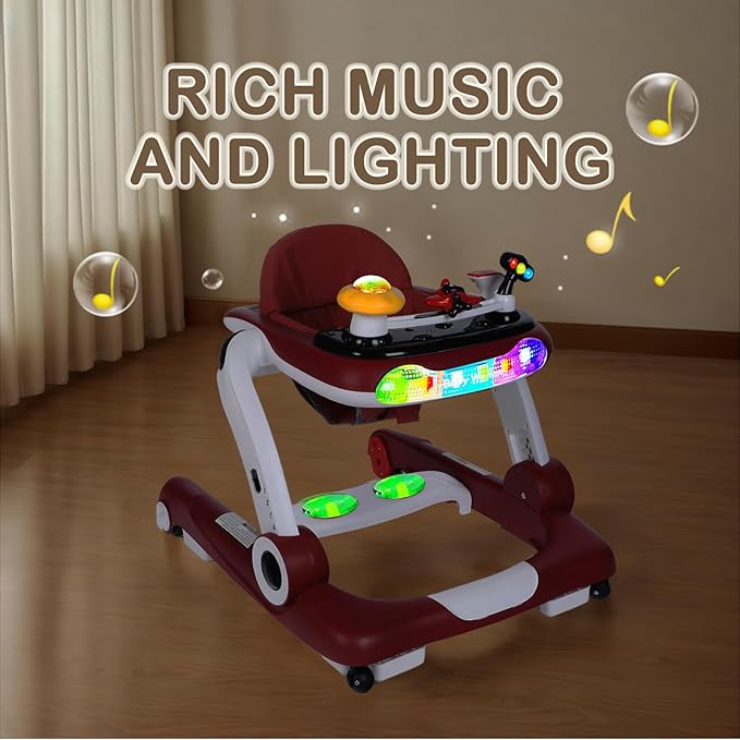 Kinder King Baby Walker with Music & Lights, 5 in 1 Baby Bouncer Activity Walker, Adjustable Height & Seat, Learning-Seated & Toddler Walk-Behind, Safety Bumper, Infant Walker Anti-Rollover, Red