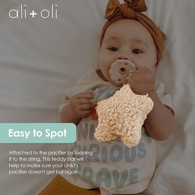 Ali+Oli Plush Pacifier Holder (Moon-White) Soft Binky Holder for Babies, Plush Holder for Pacifiers, Cute Baby Binkies Plush Holder, Pacifier Holder for Baby Boys & Girls, Baby Toy with Cute Decor