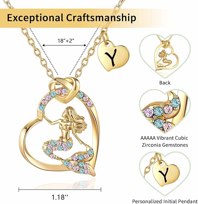 K-Acc 14K Gold-Plated Mermaid Initial Heart Necklace - Gifts for Girls