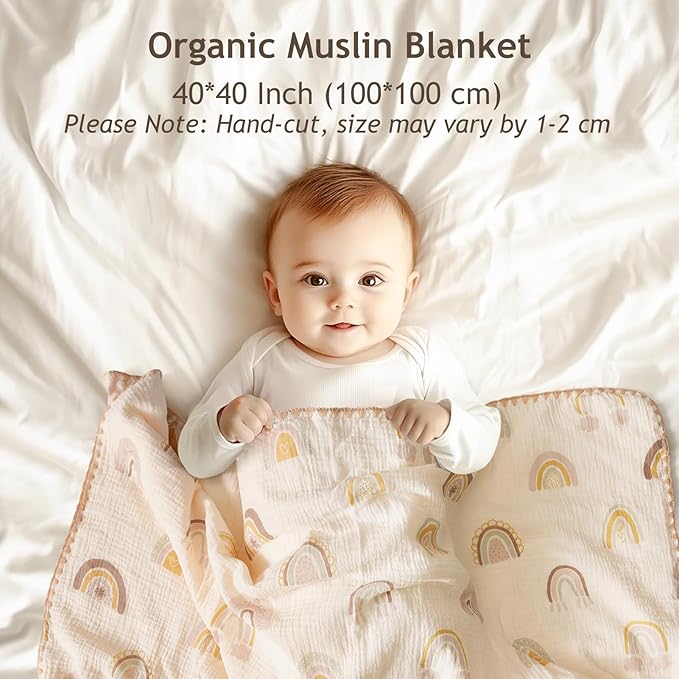 Baby Blanket with Dotted Double Layers Muslin Soft Swaddle Blanket Cotton Neutral Receiving Blankets for Toddler Baby Quilt Throw Blanket Bed Throw Blanket for Newborn Unisex 40x40 Inch-Rainbow