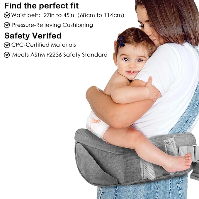 Baby Hip Seat Carrier, Adjustable Waistband with 3D Abdominal Support & Various Pockets Ergonomic Carrier for Newborns to Toddlers up to 33 lbs Medium Light Grey