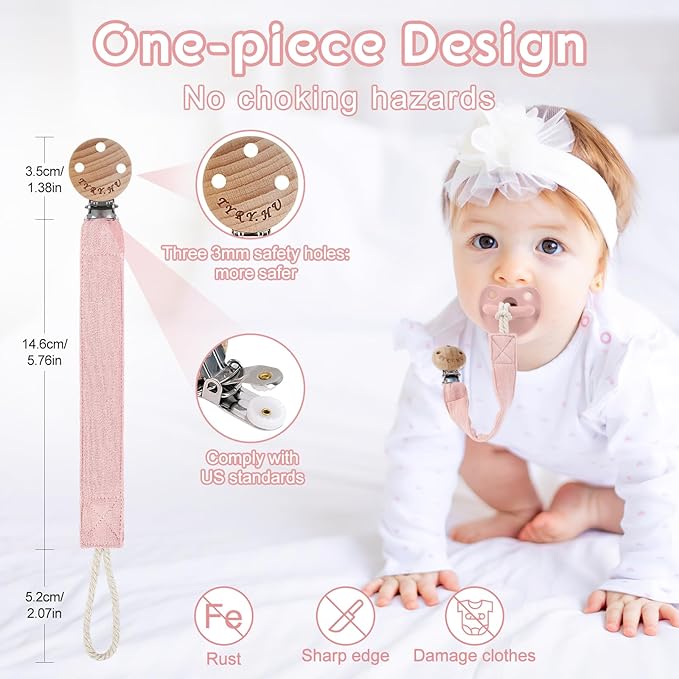 TYRY.HU Ribbon Pacifier Clip Holder,4 Pack Binky Paci Holder Clips, Pacifier Leash for Boys and Girls, Soft Webbing Strap Universal Fits for Most Pacifier, Styles & Teethers(Khaki,Grey,Blue,Pink)
