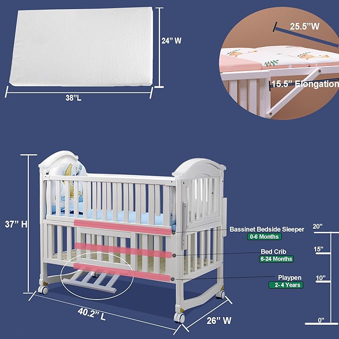 Portable Mini Baby Crib 4 in 1 with Memory Foam Mattress(38"by24") Included, Cunas para Bebes 2025 Convertible Crib 6 in1 with Foldable Storage Baby Playpen Bassinet Bedside Sleeper Bed(White)
