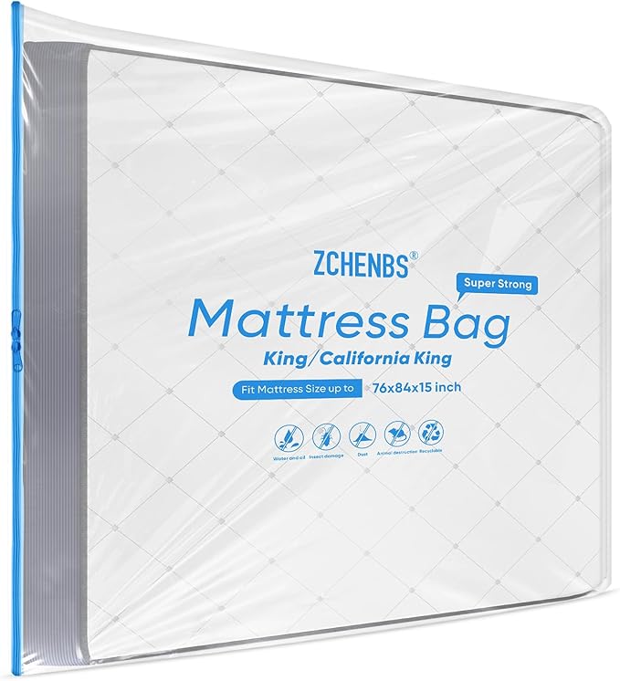 ZCHENBS® – Mattress Bags for Moving and Storage,Mattress Bag with Zippers,5 Mil Ultra-Thick Bed Bag,Waterproof,Anti-Tear,Heavy-Duty Mattress bag (Transaparent/Blue, King/California King-(2 Pack))