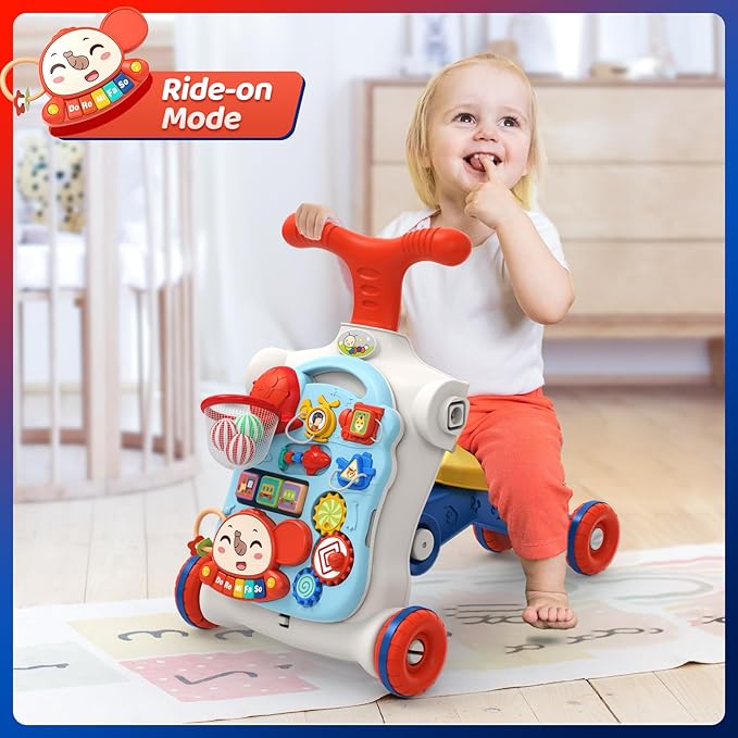 CUTE STONE 5 in 1 Walker for Baby Boy, Sit to Stand Push Walker with Activity Center Learning to Walk, Early Push Walking Toys Gift for Toddler Infant Blue