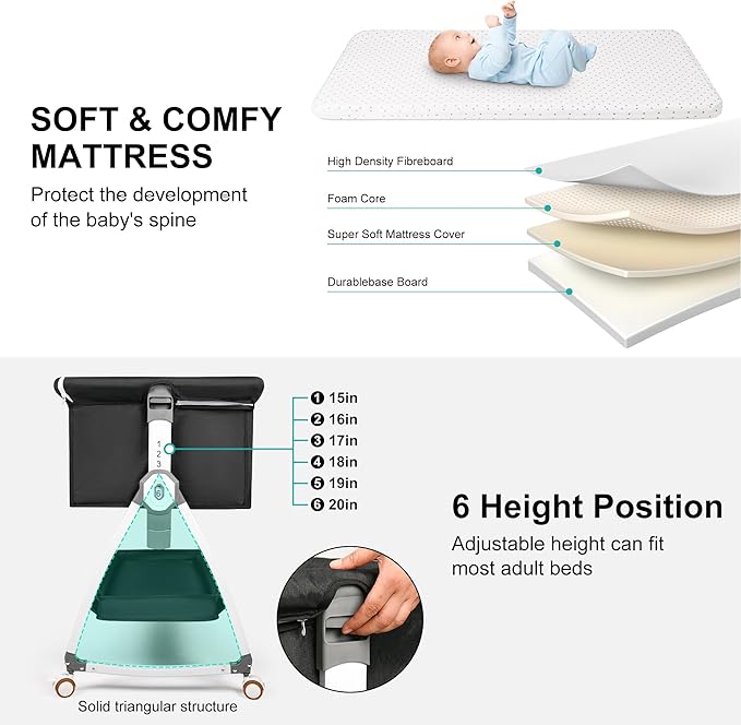 VOOI Baby Bassinet Bedside Sleeper, 3 in 1 Rocking Bassinet for Baby, Bassinet Bedside Sleeper with Wheels, Adjustable Height, Storage Basket, Mattress & Canopy, Bed Side Bassinet for Newborn