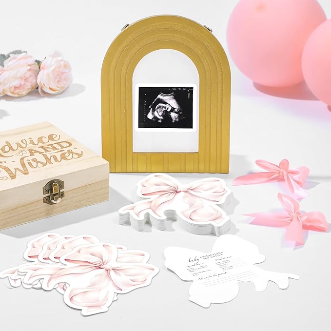 50 Pcs Double Side Pink Bow Baby Predictions & Advice Pink Bow Cards for New Parents Baby Shower Games with Cards Wooden Keepsake Box for Wishes Decorations