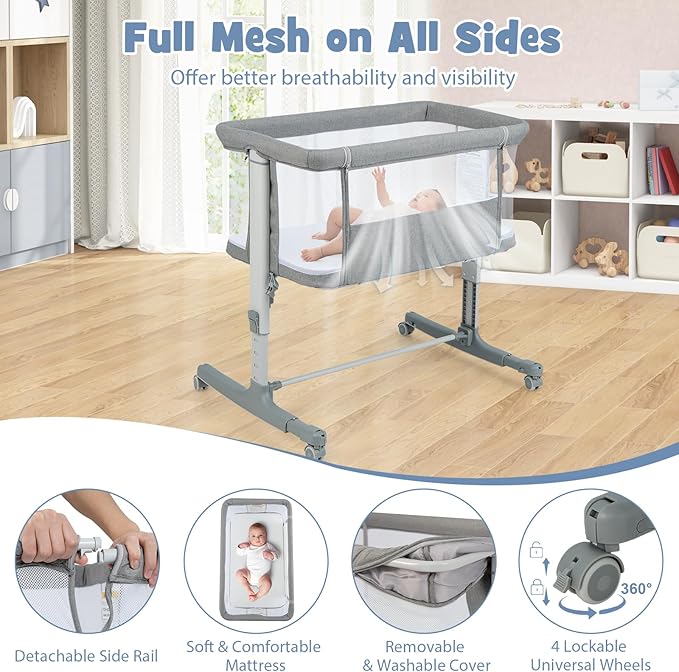 INFANS 3 in 1 Baby Bassinet, Bedside Sleeper for Newborn, Folding Crib with Mattress, Travel Bag, Wheels, 4-Sided Mesh, Easy to Assemble Cradle Co Sleeper Stationary, Rock (Light Grey)