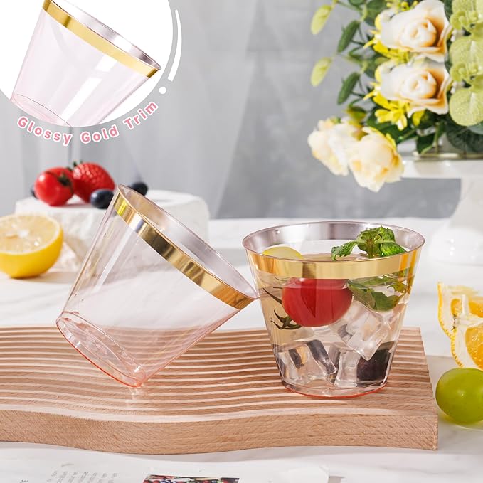 supernal 100 Pcs Pink Plastic Cups, 9oz Pink Disposable Cups with Gold Rim, Plastic Wine Cocktail Glasses Perfect for Party, Wedding and Birthday, Cute Cocktail Party Cup Disposable