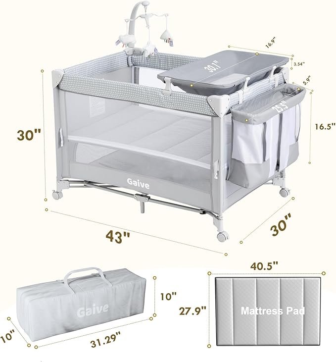 Baby Bassinet Bedside Crib, Pack and Play with Mattress, Diaper Changer, One-Push Setup Playards from Infants to Toddlers (Grey)