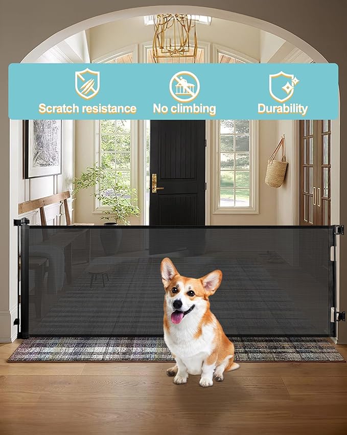 Retractable Baby Gate for Stairs – 33.6” Height, Expands up to 118” Width – Safety Gate for Infants, Toddlers, Dogs & Pets – Easy Install, Secure Closure, Black Mesh Design for Indoor & Outdoor Use