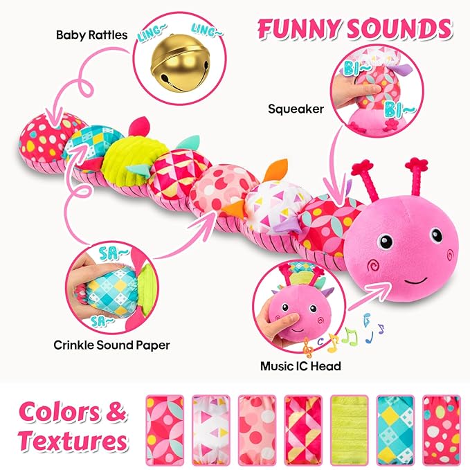Baby Toys Musical Caterpillar, Infant Stuffed Animal for 0-6 6-12 Months with Crinkle and Rattles, Tummy Time Sensory Toys Newborn Boys Girls Gifts 0 3 6 9 12 Months - Pink