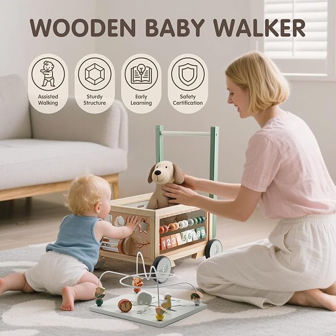 Joyreal Wooden Baby Walker - 9-in-1 Baby Push Walker with Activity Cube, Push Activity Walker for Boys and Girls, Sit-to-Stand Learning Walker Activity Center, Speed & Height Adjustable