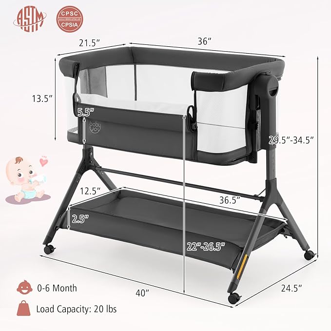 BABY JOY Bassinet, 3 in 1 Rocking Bedside Bassinet w/Storage Basket, Universal Wheels, Adjustable Height, Mattress, Net & Portable Bag, Carriable Crib Baby Bassinets Bedside Sleeper (Gray)
