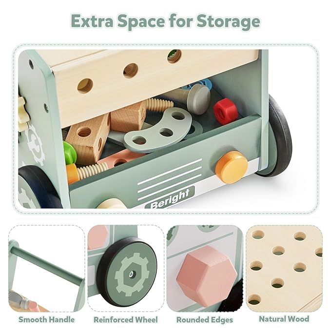 Beright Wooden Baby Push Walker, Wooden Baby Walker and Tool Toy for Toddlers, Kids Tool Bench, Baby Activity Center, Toddler Montessori Educational Toys, Green