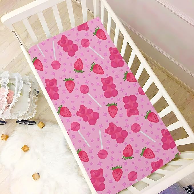 Baby Crib Sheets Lollipop Jelly and Strawberry Crib Sheets for Boys Girls,Neutral Bassinet Toddler Bed Play Sheets Breathable Soft and Portable 52 * 28 * 9in