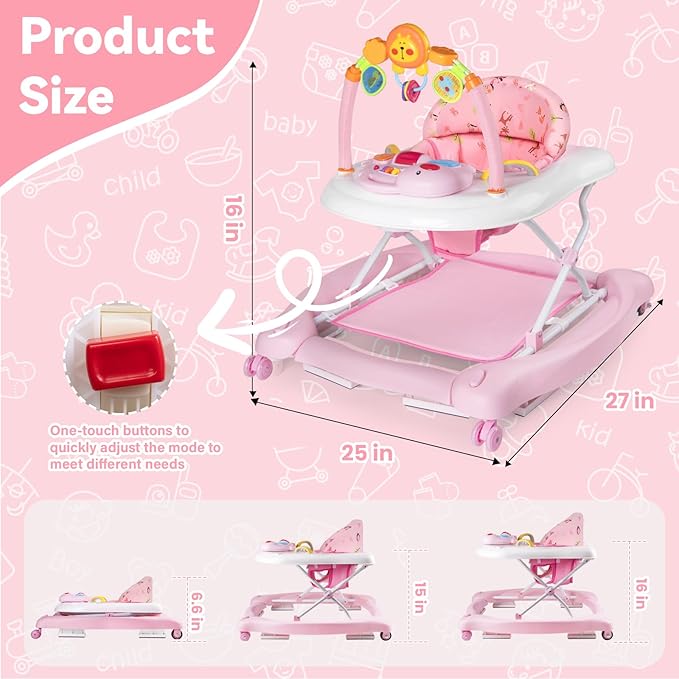 Baby Walker, 5 in 1 Baby Walkers for Boys Girls 6-12 Months, Foldable Walkers for Babies with Bouncer & Feeding Tray, Music, Adjustable Heights, Activity Walker for Infant