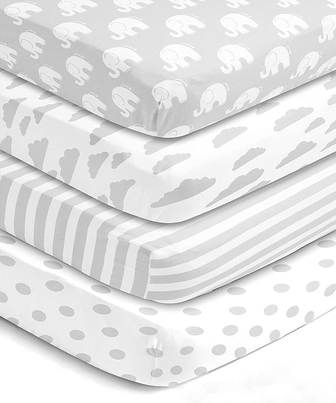 BaeBae Goods Premium Crib Sheets for Baby Boys and Girls, 3 Pack, Soft and Breathable Jersey Cotton Fitted Sheet Set, Grey and White, Cute Gender Neutral Nursery Mattress Bedding, Universal Fit