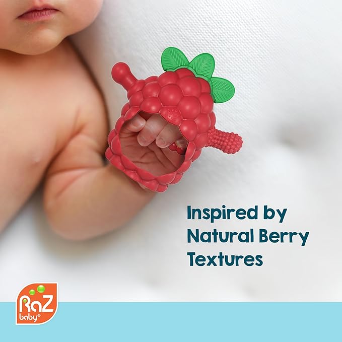 RaZbaby RaZberry Grip Silicone Teether Toy for 3M+ | Drop Resistant Hand Held Teether for Babies and Infants - Designed by Nature with Our Patented BerryBumps Multitextured Design | 3M+, Pink