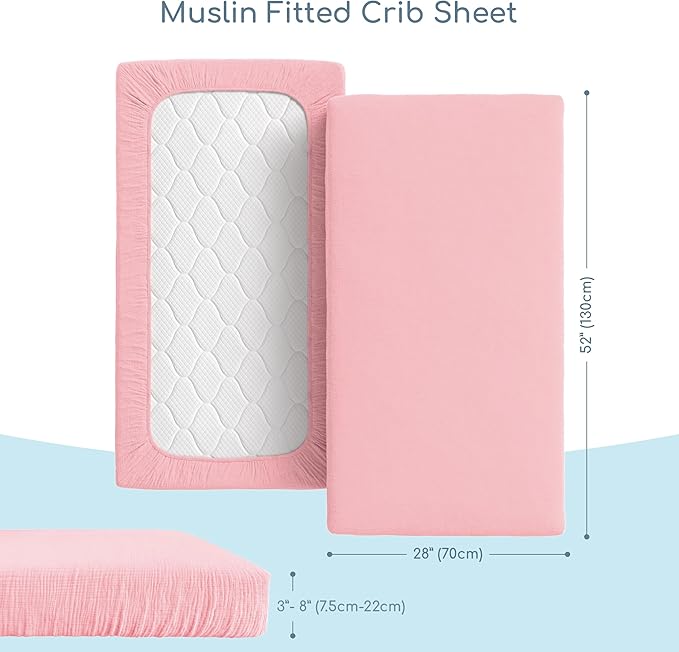 Muslin Crib Sheets, 100% Organic Cotton, Breathable and Ultra-Soft, Standard Crib Sheet Mattress (28"x 52") for Girls and Boys, Neutral Fitted Baby Crib Sheet (Pink)