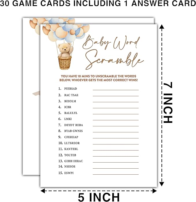 Bear Balloon 30 Baby Word Scramble Game Cards with 1 Answer Card, We Can Bearly Wait Gender Reveal Party Supplies Favors (5"x7") - E01