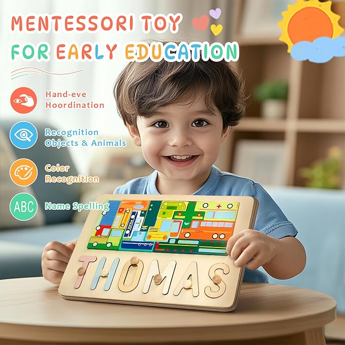 Personalized Puzzles for Toddlers 1-3, Baby Name Puzzle, 1 Year Old Girl Gifts, Montessori Learning Toy for Toddlers Ages 1-3 (Block Vehicles)