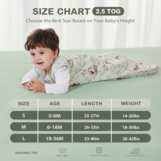 Mosebears Unisex Rayon Made from Bamboo Sleep Sack with 2-Way Zipper,2.5 Tog Baby Winter Sleep Sack(Green Animal,0-6 Months)