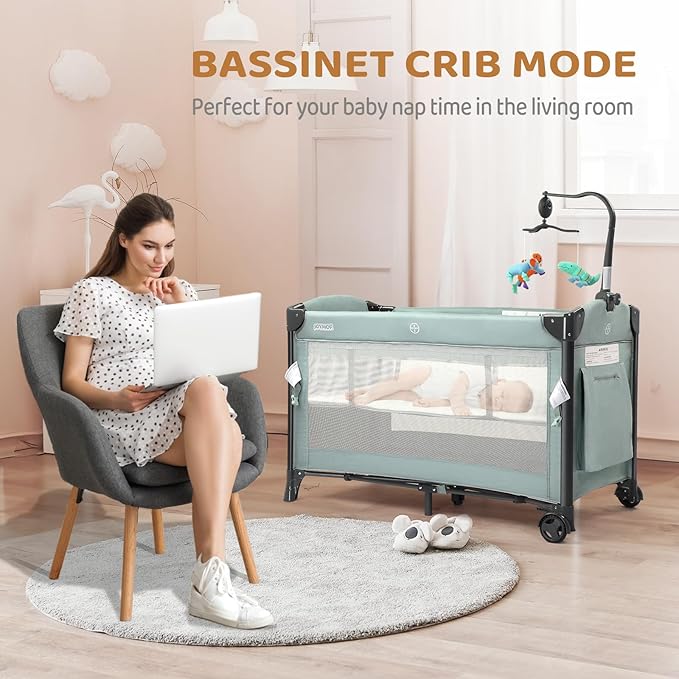 JOYMOR 3 in 1 Baby Bedside Bassinet, Bedside Sleeper with Mattress and Sheet, Convert to Bassinet, Playpen, Foldable Travel Baby Bed, with Toy, Wheels, Brake, Carry Bag