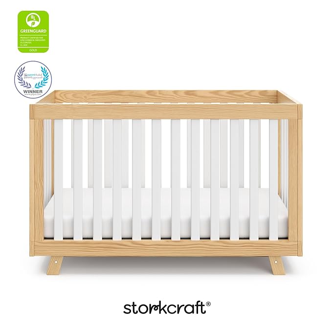 Storkcraft Beckett Convertible Crib (Natural with White Slats) – Converts from Baby Crib to Toddler Bed and Daybed, Fits Standard Full-Size Crib Mattress, Adjustable Mattress Support Base