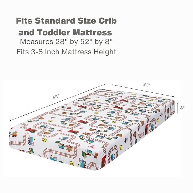 Everyday Kids 2 Pack Fitted Boys Crib Sheet, 100% Soft Breathable Sheet, Fits Standard Size Crib Mattress 28in x 52in, Nursery Sheet - Train/Light Blue