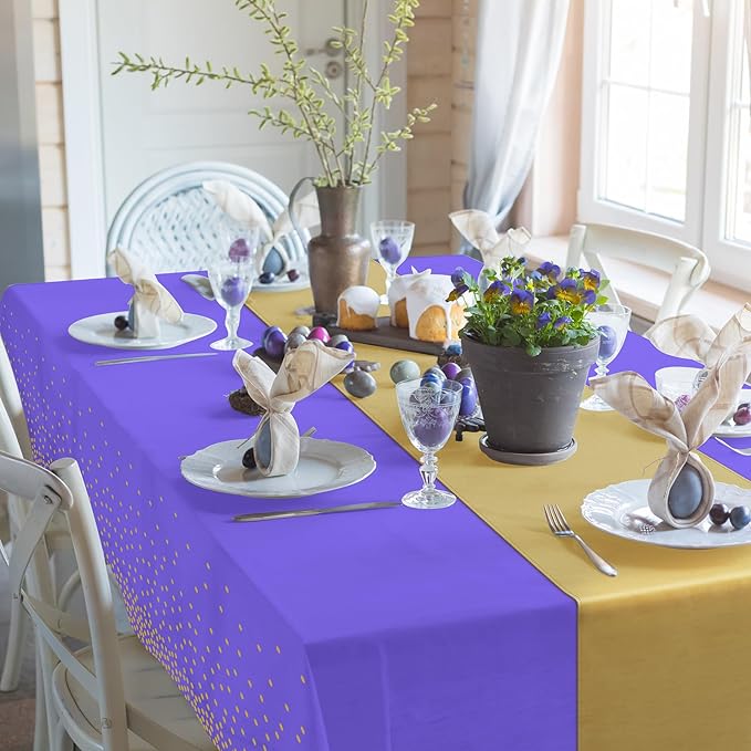 8Pack Disposable Plastic Tablecloths and Satin Table Runner Set Purple and Gold Dot Tablecloth Gold Satin Table Runner for Wedding Birthday Baby Shower Anniversary Christmas New Year Party Supplies